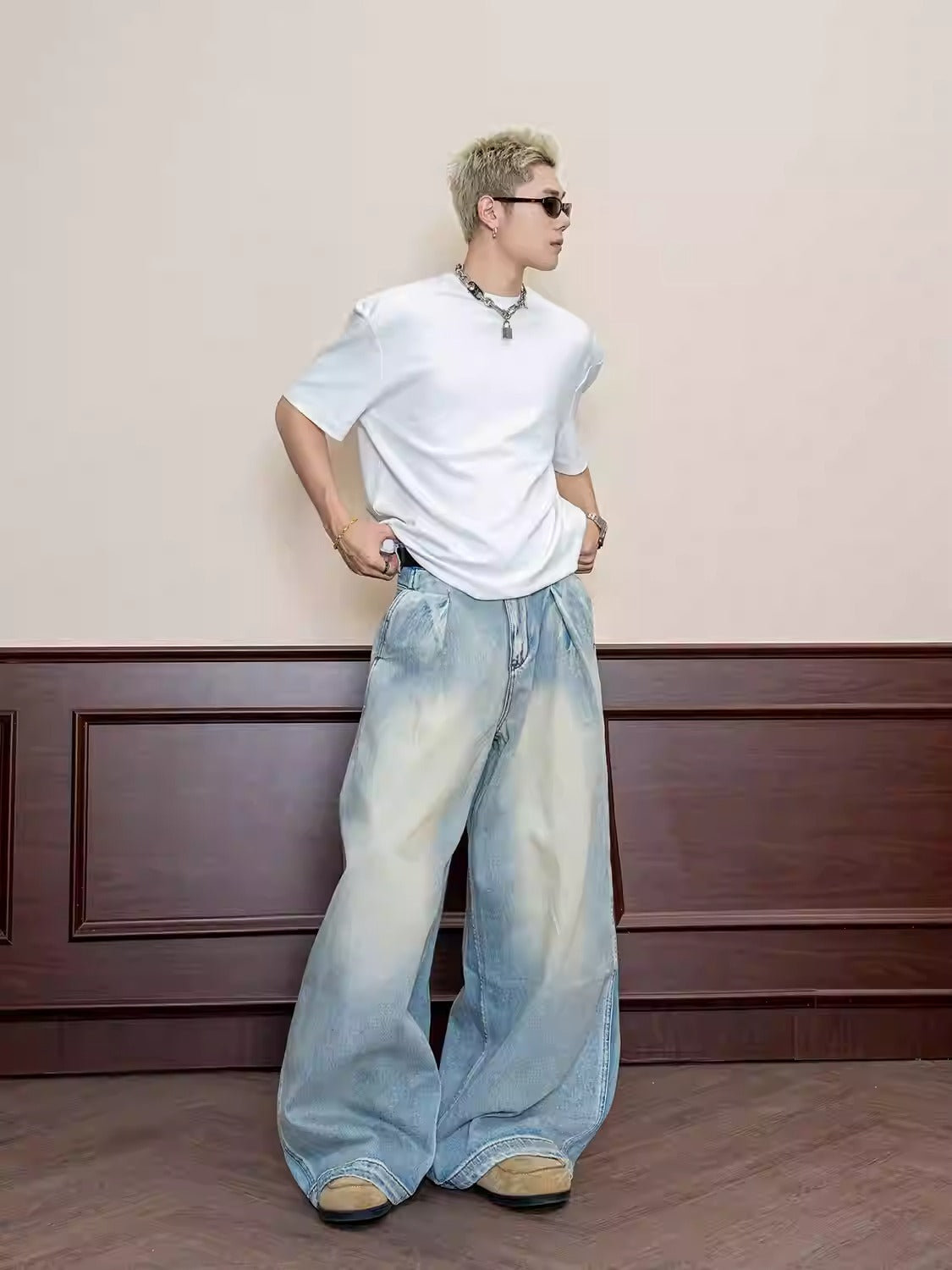 Retro Wash Pleated Distressed Denim Wide Leg Pants [ID:0104PA]