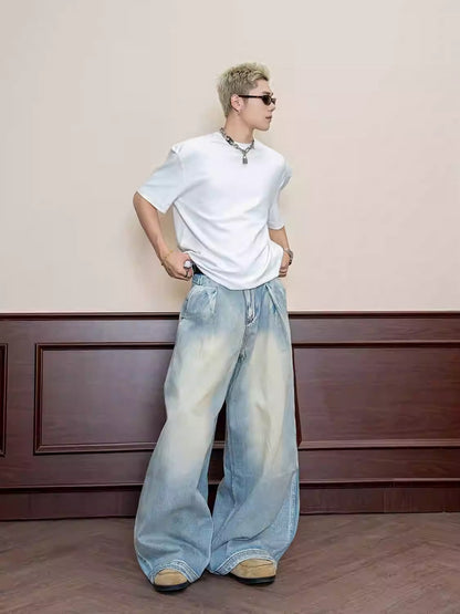 Retro Wash Pleated Distressed Denim Wide Leg Pants [ID:0104PA]