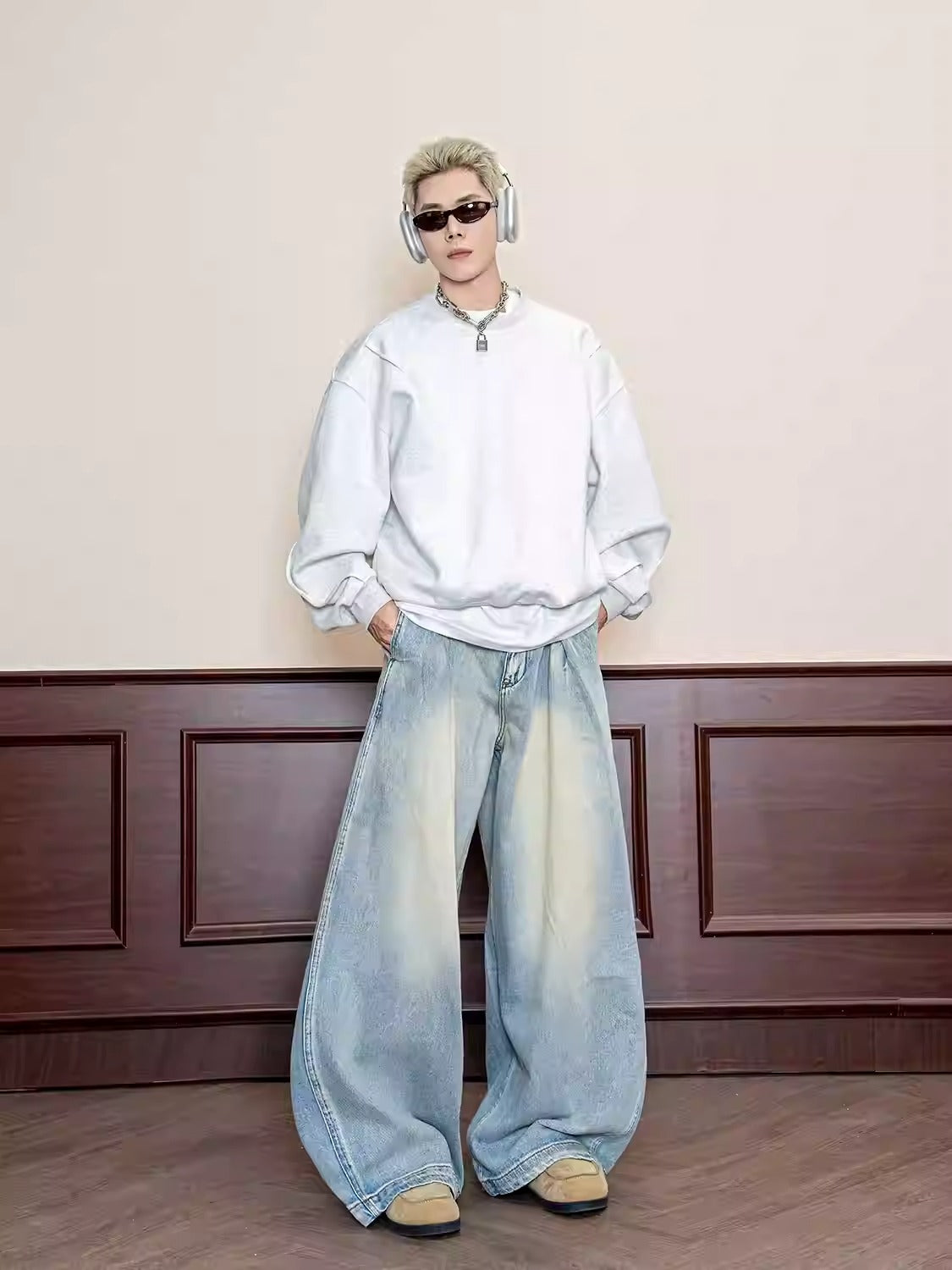 Retro Wash Pleated Distressed Denim Wide Leg Pants [ID:0104PA]