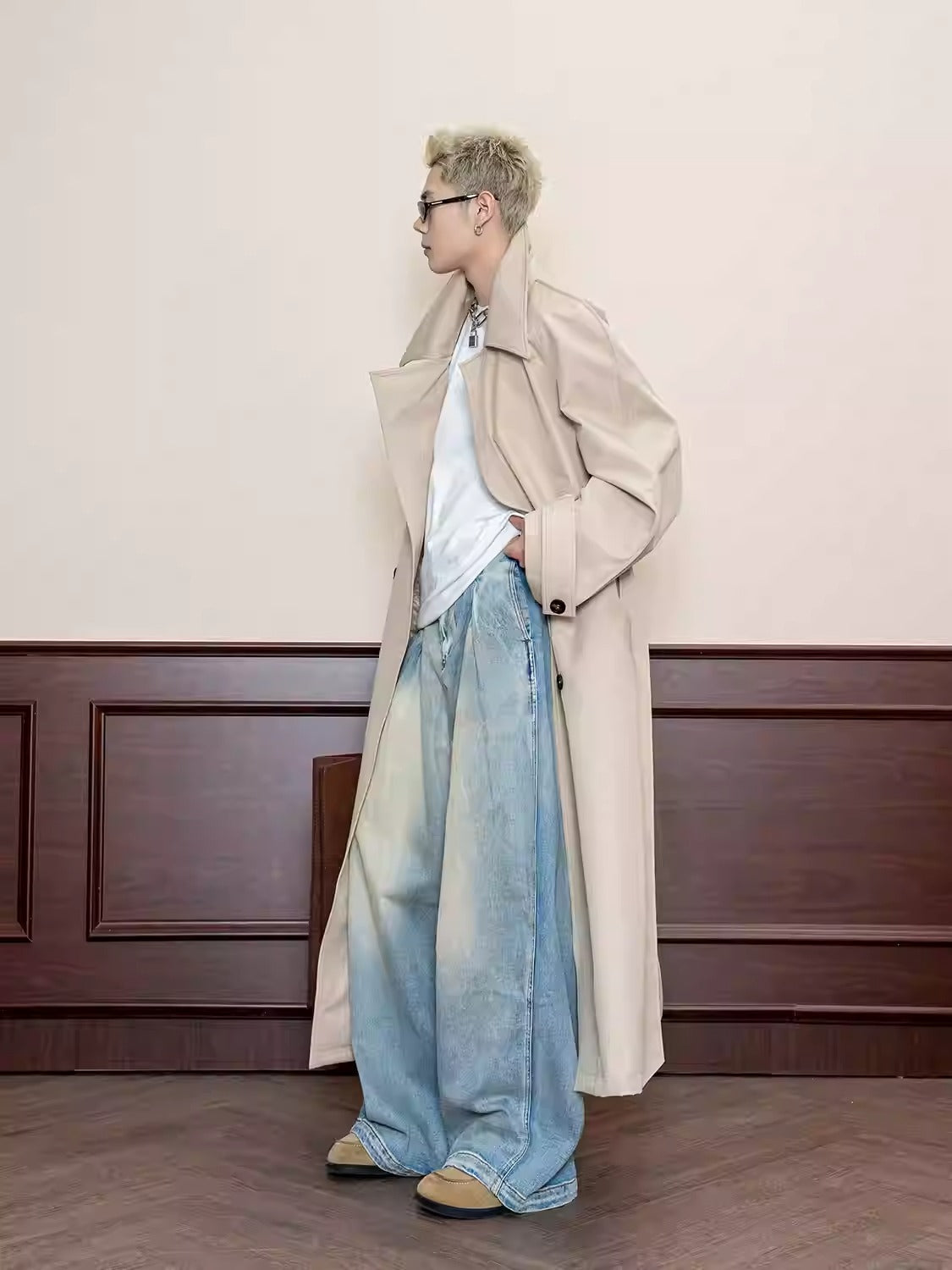 Retro Wash Pleated Distressed Denim Wide Leg Pants [ID:0104PA]