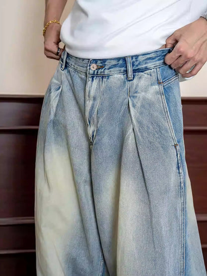 Retro Wash Pleated Distressed Denim Wide Leg Pants [ID:0104PA]