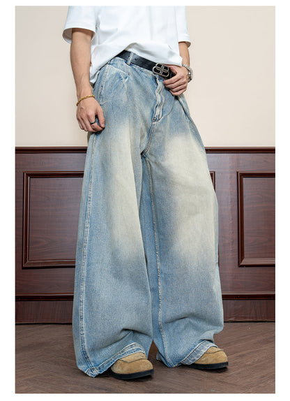 Retro Wash Pleated Distressed Denim Wide Leg Pants [ID:0104PA]