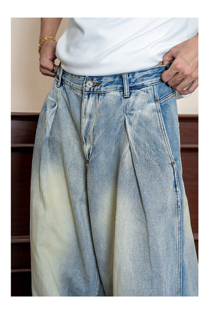 Retro Wash Pleated Distressed Denim Wide Leg Pants [ID:0104PA]