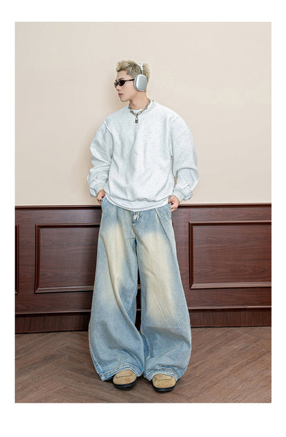 Retro Wash Pleated Distressed Denim Wide Leg Pants [ID:0104PA]