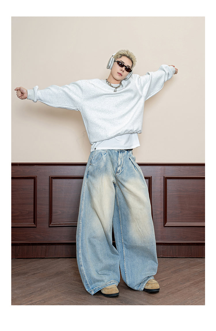 Retro Wash Pleated Distressed Denim Wide Leg Pants [ID:0104PA]