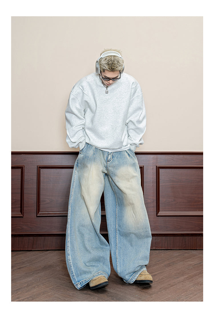 Retro Wash Pleated Distressed Denim Wide Leg Pants [ID:0104PA]