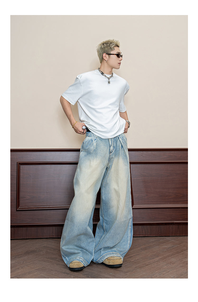 Retro Wash Pleated Distressed Denim Wide Leg Pants [ID:0104PA]