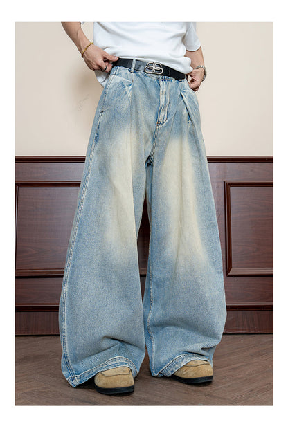 Retro Wash Pleated Distressed Denim Wide Leg Pants [ID:0104PA]