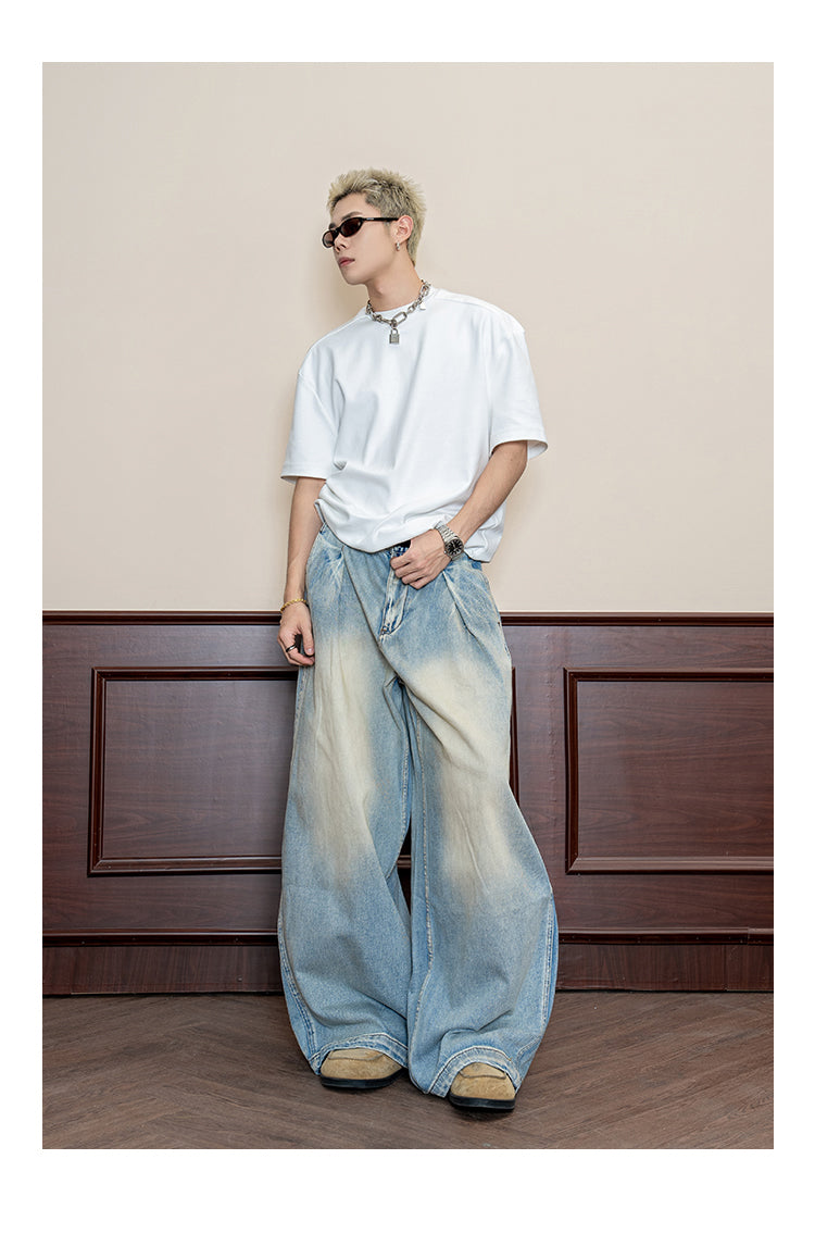 Retro Wash Pleated Distressed Denim Wide Leg Pants [ID:0104PA]