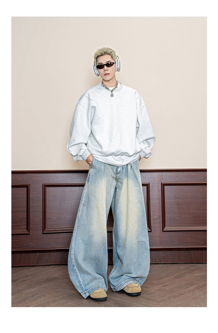 Retro Wash Pleated Distressed Denim Wide Leg Pants [ID:0104PA]