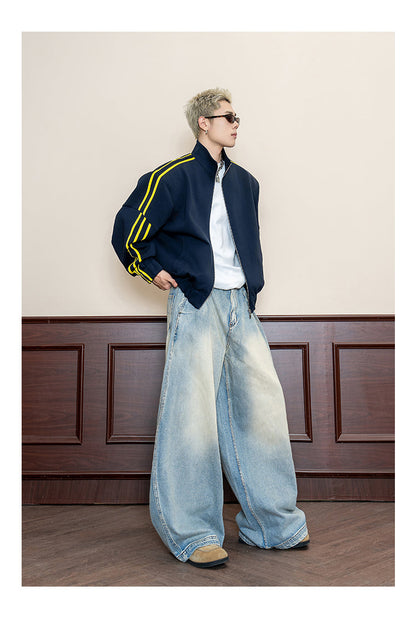 Retro Wash Pleated Distressed Denim Wide Leg Pants [ID:0104PA]