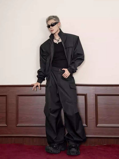 Design Stitch Pleated Straight Casual Wide Leg Pants Men [ID:0105PA]