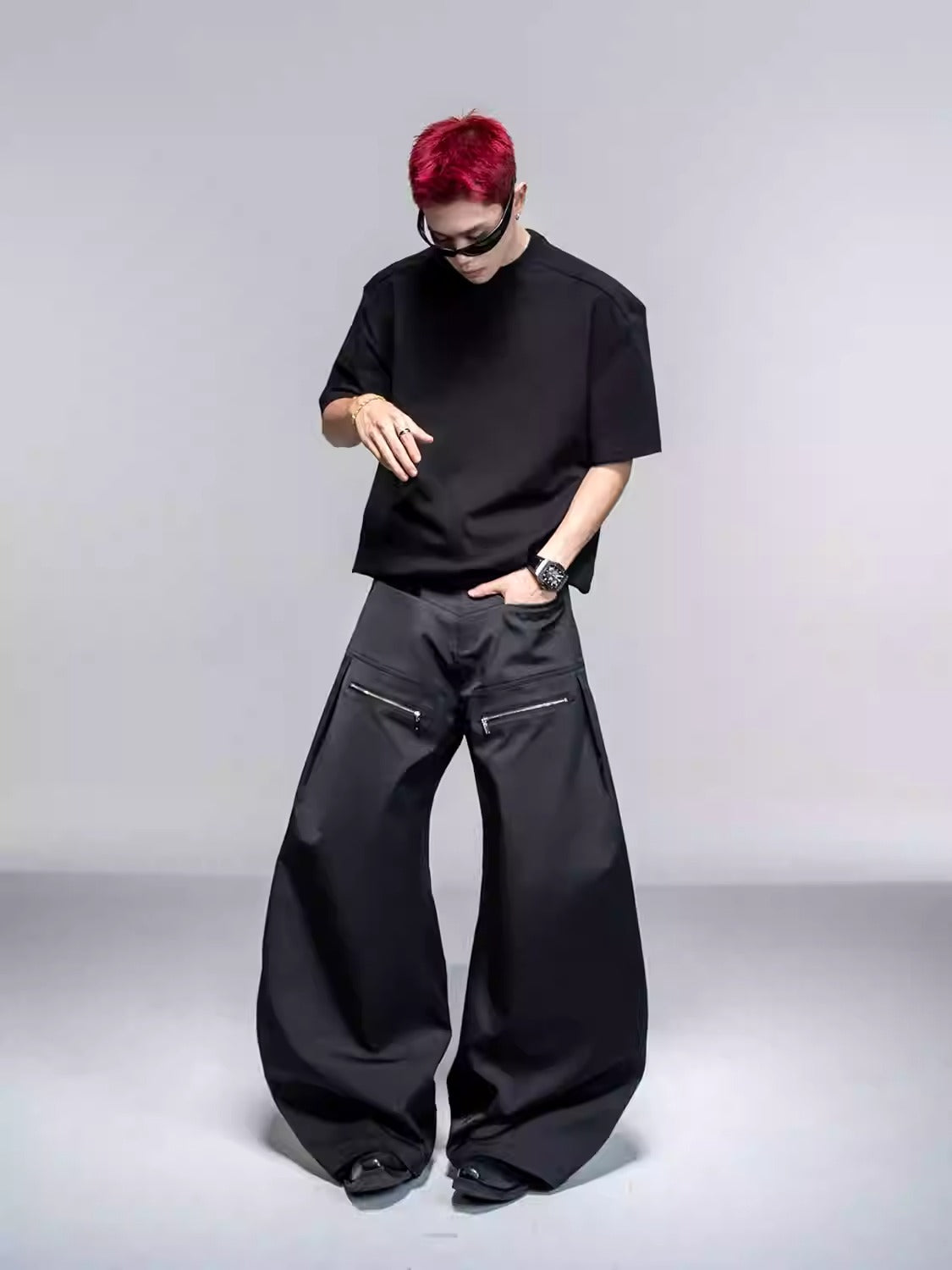 Original Split Design Zipper Reverse Pleats Wide Leg Scimitar Pants [ID:0113PA]