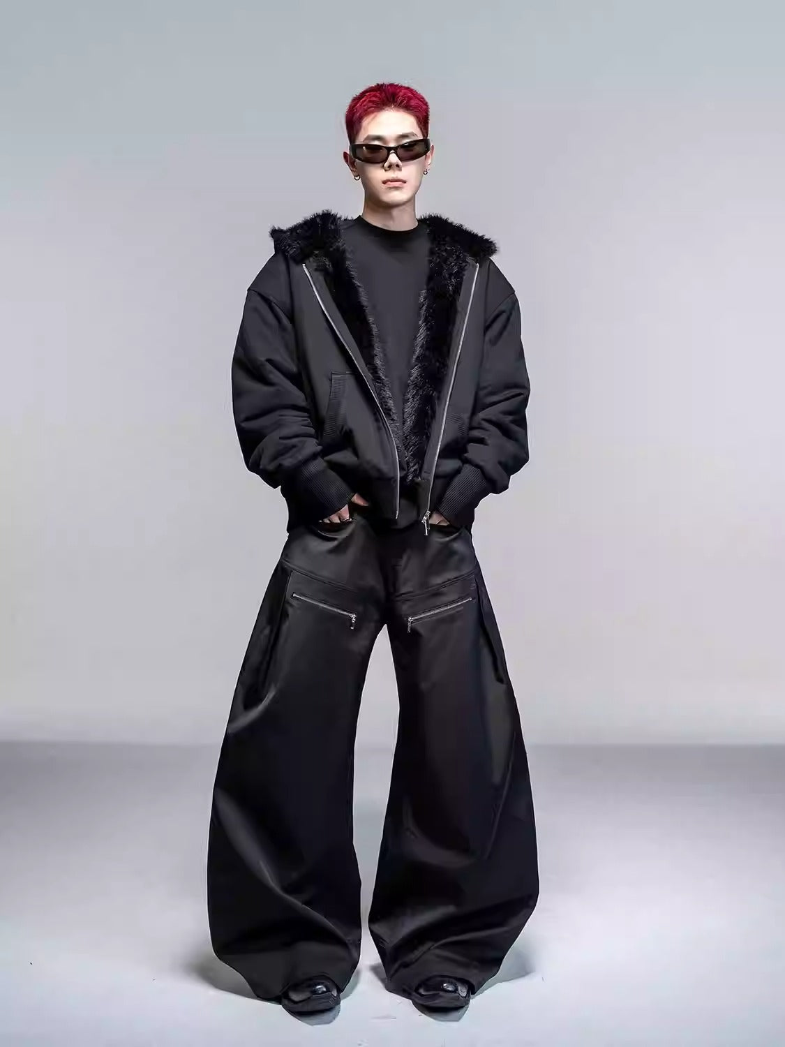 Original Split Design Zipper Reverse Pleats Wide Leg Scimitar Pants [ID:0113PA]