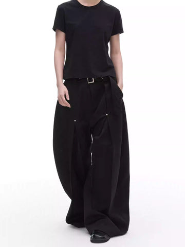 Texture Rivet Loose Leaf Split Loose Casual Scimitar Curve Black Pants [ID:0118PA]