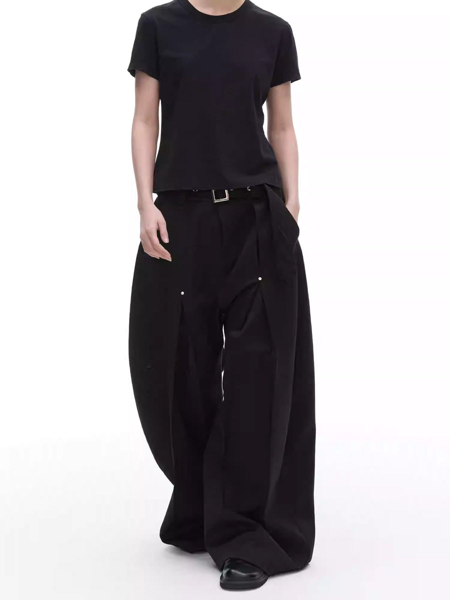 Texture Rivet Loose Leaf Split Loose Casual Scimitar Curve Black Pants [ID:0118PA]