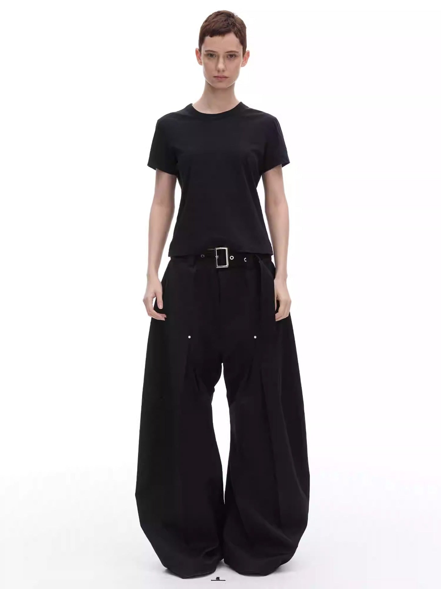 Texture Rivet Loose Leaf Split Loose Casual Scimitar Curve Black Pants [ID:0118PA]