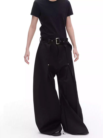 Texture Rivet Loose Leaf Split Loose Casual Scimitar Curve Black Pants [ID:0118PA]