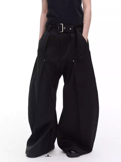 Texture Rivet Loose Leaf Split Loose Casual Scimitar Curve Black Pants [ID:0118PA]