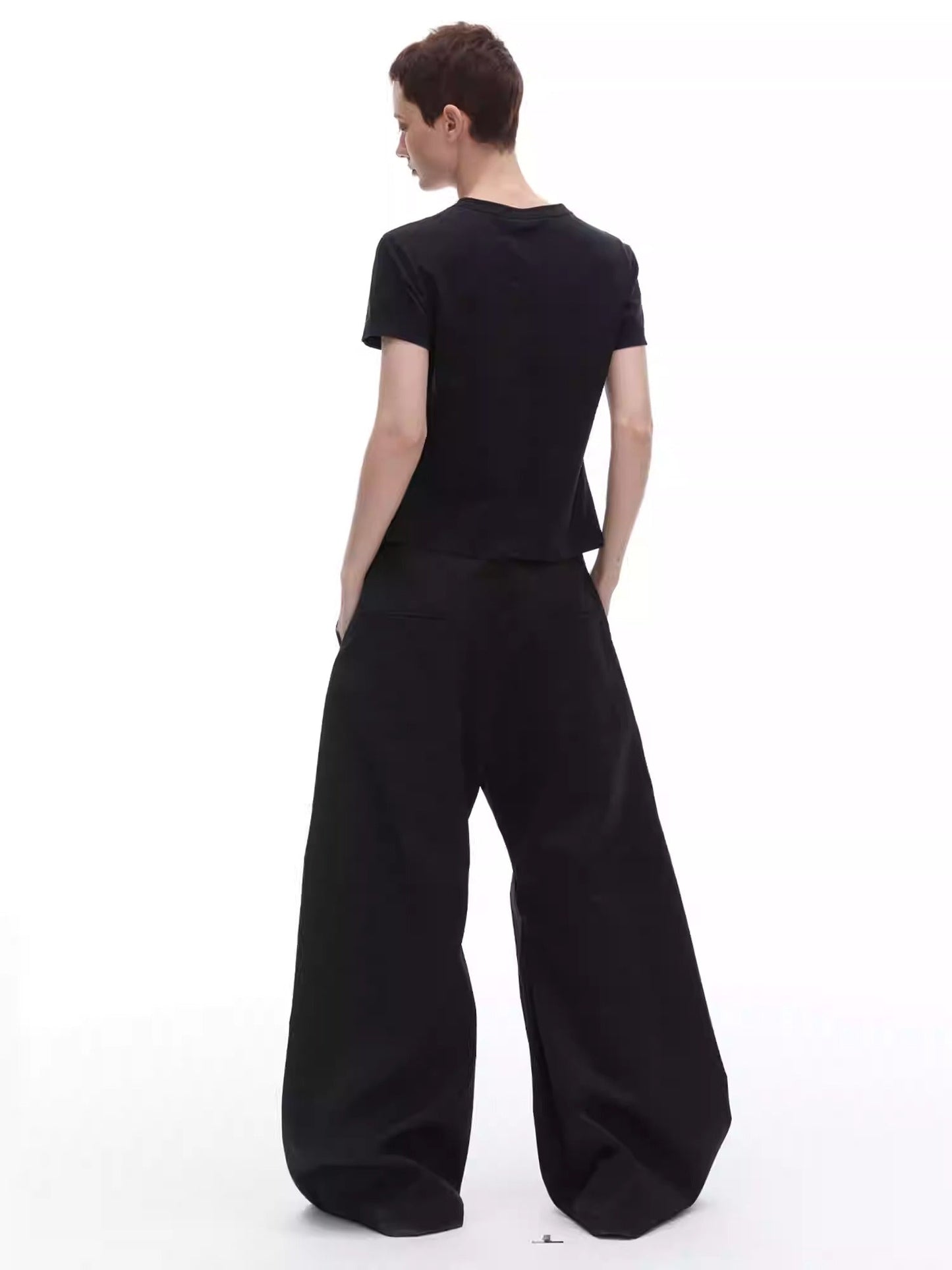 Texture Rivet Loose Leaf Split Loose Casual Scimitar Curve Black Pants [ID:0118PA]