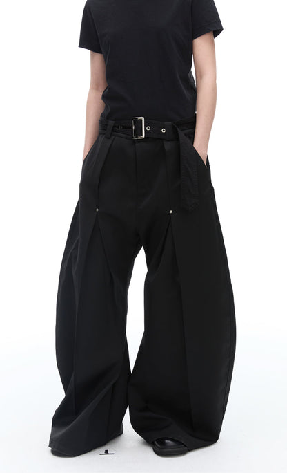 Texture Rivet Loose Leaf Split Loose Casual Scimitar Curve Black Pants [ID:0118PA]