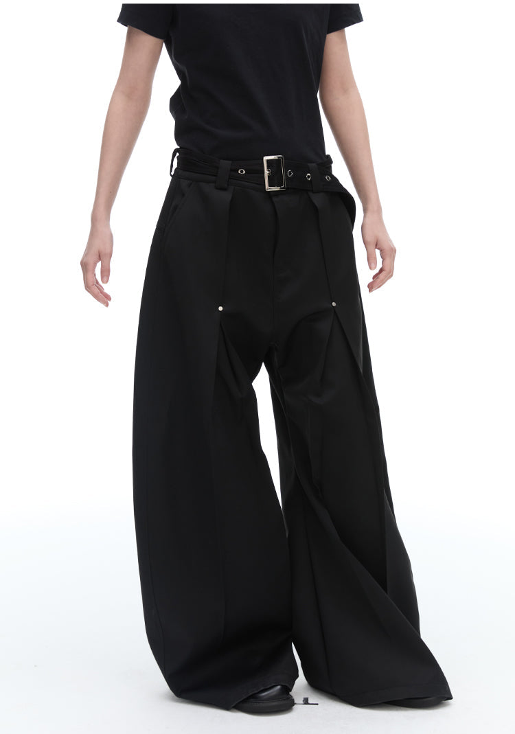 Texture Rivet Loose Leaf Split Loose Casual Scimitar Curve Black Pants [ID:0118PA]