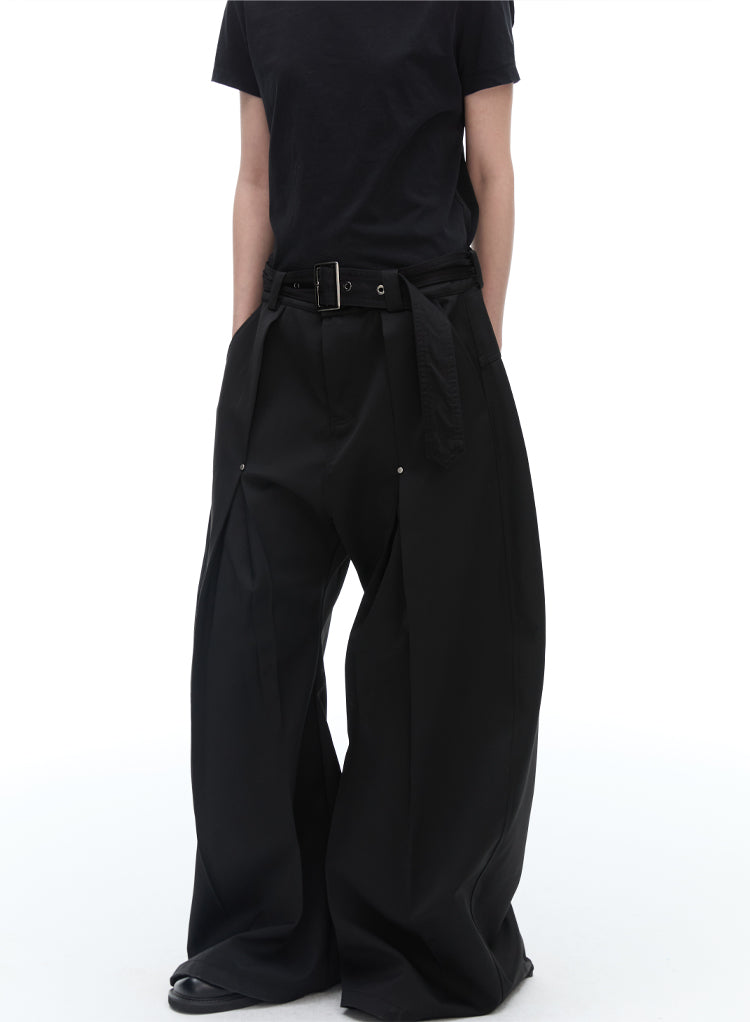 Texture Rivet Loose Leaf Split Loose Casual Scimitar Curve Black Pants [ID:0118PA]