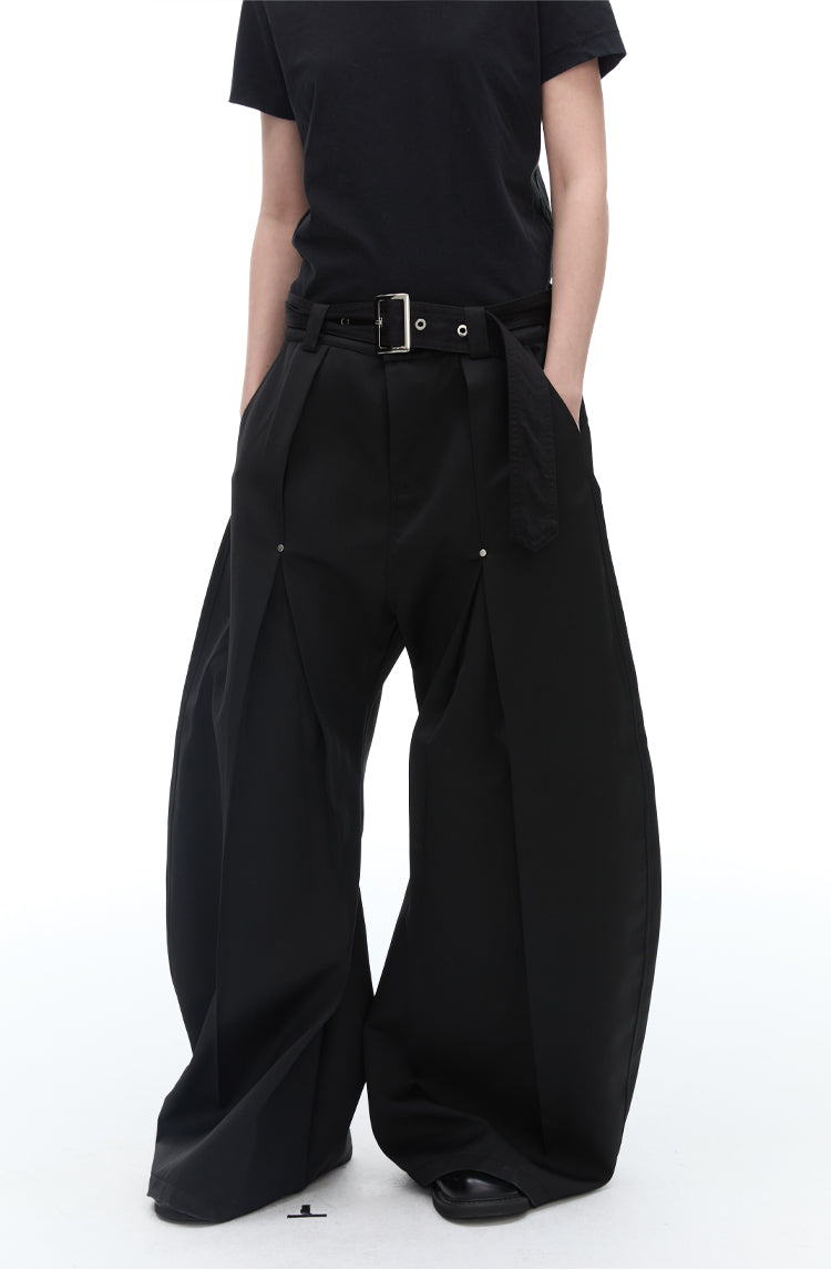 Texture Rivet Loose Leaf Split Loose Casual Scimitar Curve Black Pants [ID:0118PA]