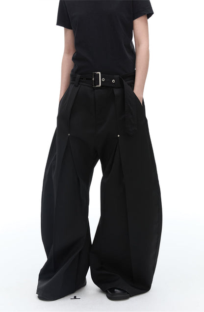 Texture Rivet Loose Leaf Split Loose Casual Scimitar Curve Black Pants [ID:0118PA]