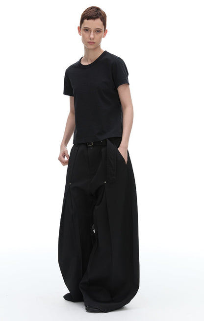 Texture Rivet Loose Leaf Split Loose Casual Scimitar Curve Black Pants [ID:0118PA]