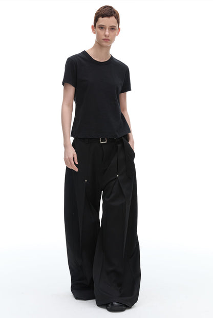 Texture Rivet Loose Leaf Split Loose Casual Scimitar Curve Black Pants [ID:0118PA]