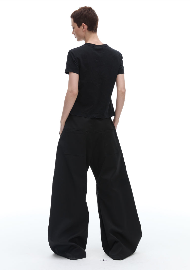 Texture Rivet Loose Leaf Split Loose Casual Scimitar Curve Black Pants [ID:0118PA]