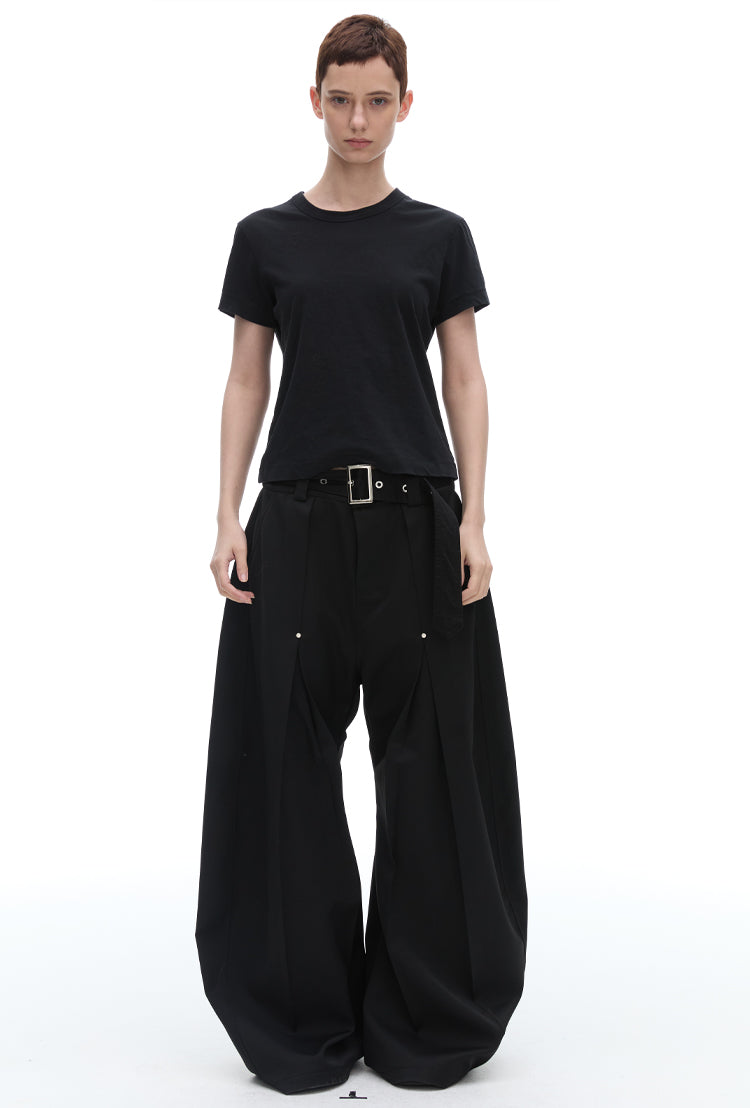 Texture Rivet Loose Leaf Split Loose Casual Scimitar Curve Black Pants [ID:0118PA]