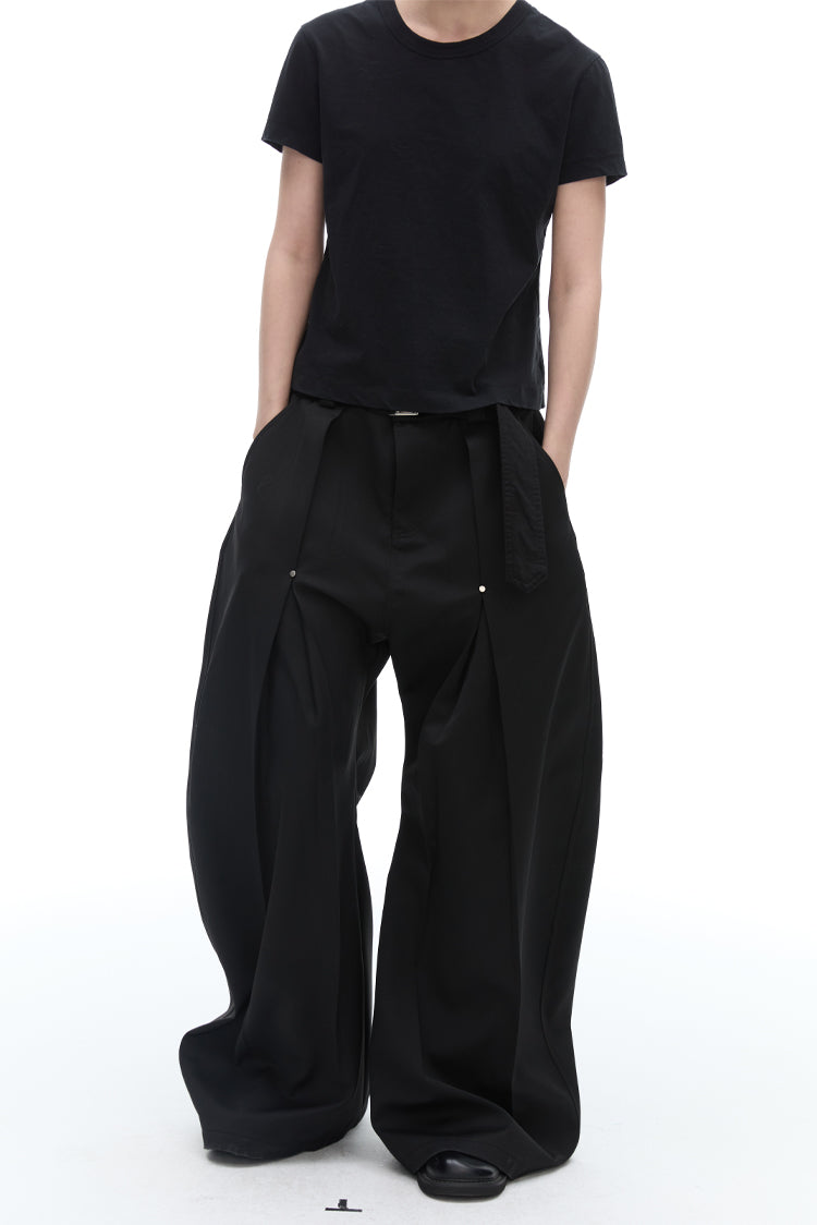 Texture Rivet Loose Leaf Split Loose Casual Scimitar Curve Black Pants [ID:0118PA]