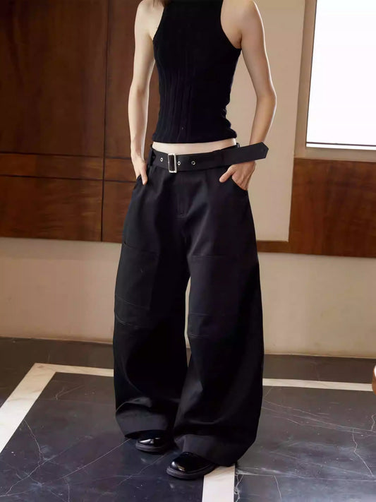 Structured Belted Loose Silhouette Stiff Pants [ID:0119PA]