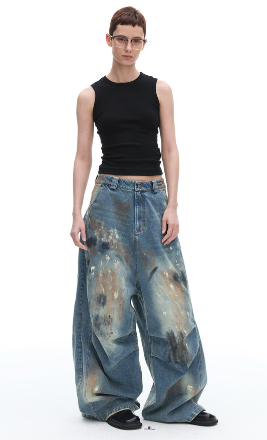 Dirty Loose Jeans, Straight Leg Narrow American Retro Washed Distressed [ID:0120PA]