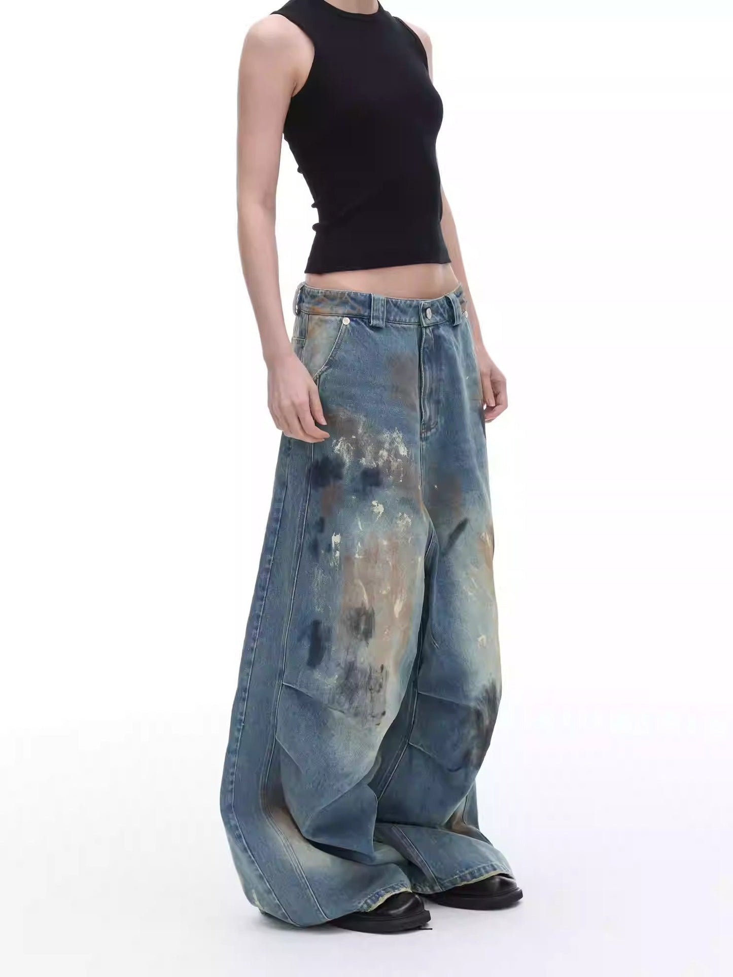 Dirty Loose Jeans, Straight Leg Narrow American Retro Washed Distressed [ID:0120PA]