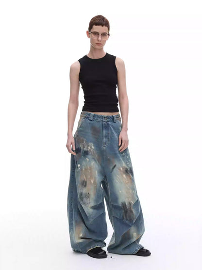 Dirty Loose Jeans, Straight Leg Narrow American Retro Washed Distressed [ID:0120PA]