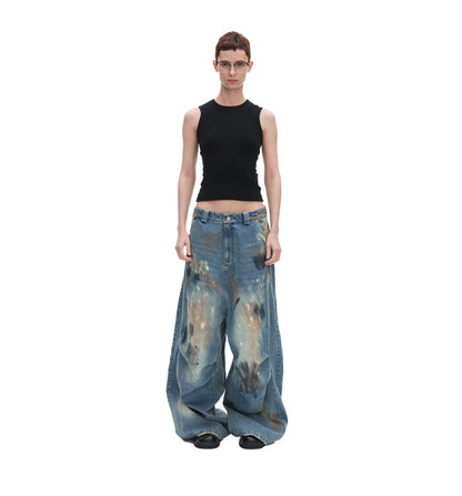 Dirty Loose Jeans, Straight Leg Narrow American Retro Washed Distressed [ID:0120PA]