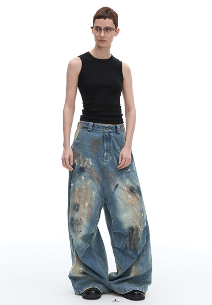 Dirty Loose Jeans, Straight Leg Narrow American Retro Washed Distressed [ID:0120PA]