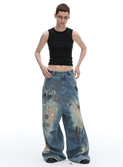 Dirty Loose Jeans, Straight Leg Narrow American Retro Washed Distressed [ID:0120PA]