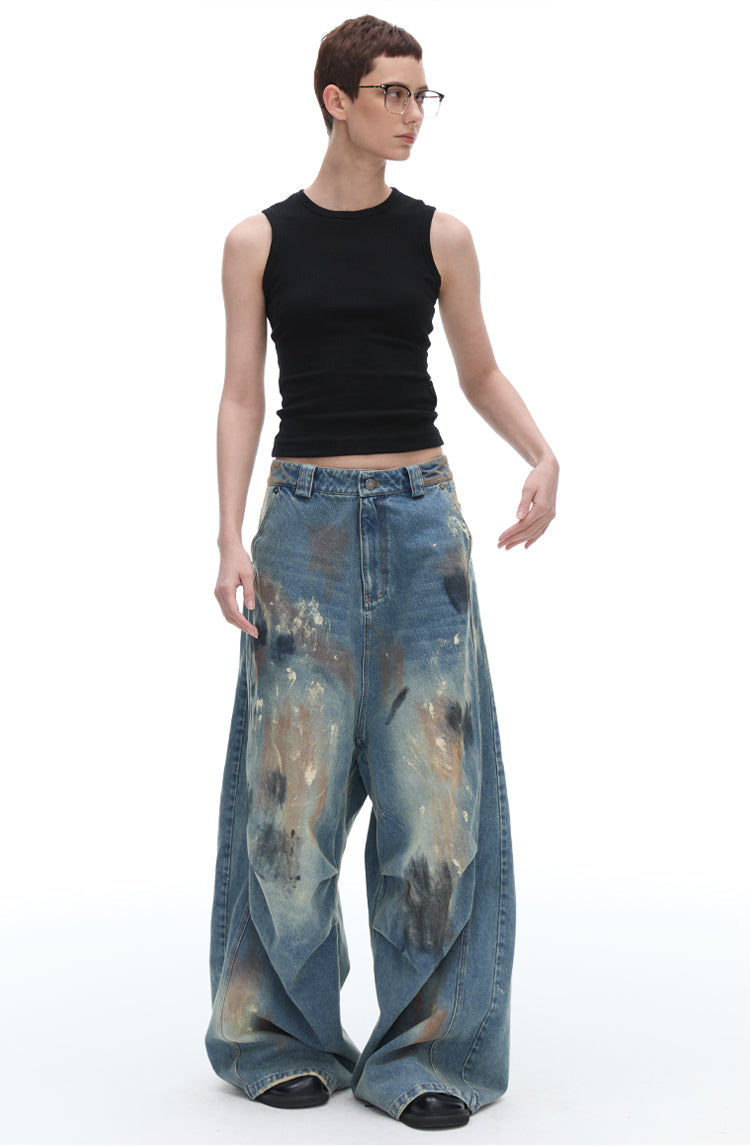 Dirty Loose Jeans, Straight Leg Narrow American Retro Washed Distressed [ID:0120PA]