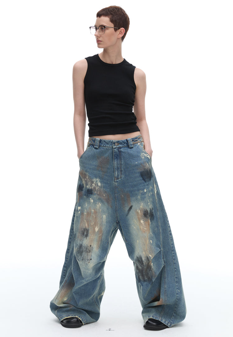 Dirty Loose Jeans, Straight Leg Narrow American Retro Washed Distressed [ID:0120PA]