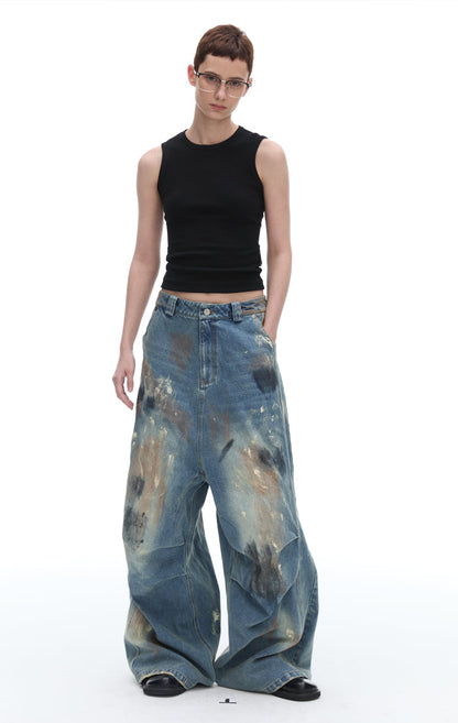 Dirty Loose Jeans, Straight Leg Narrow American Retro Washed Distressed [ID:0120PA]