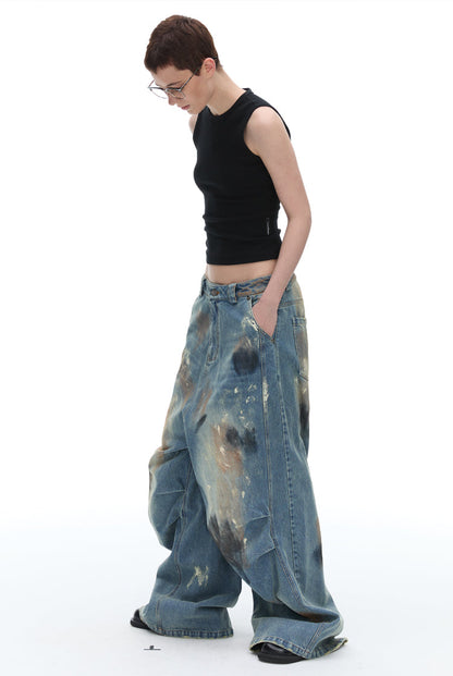 Dirty Loose Jeans, Straight Leg Narrow American Retro Washed Distressed [ID:0120PA]