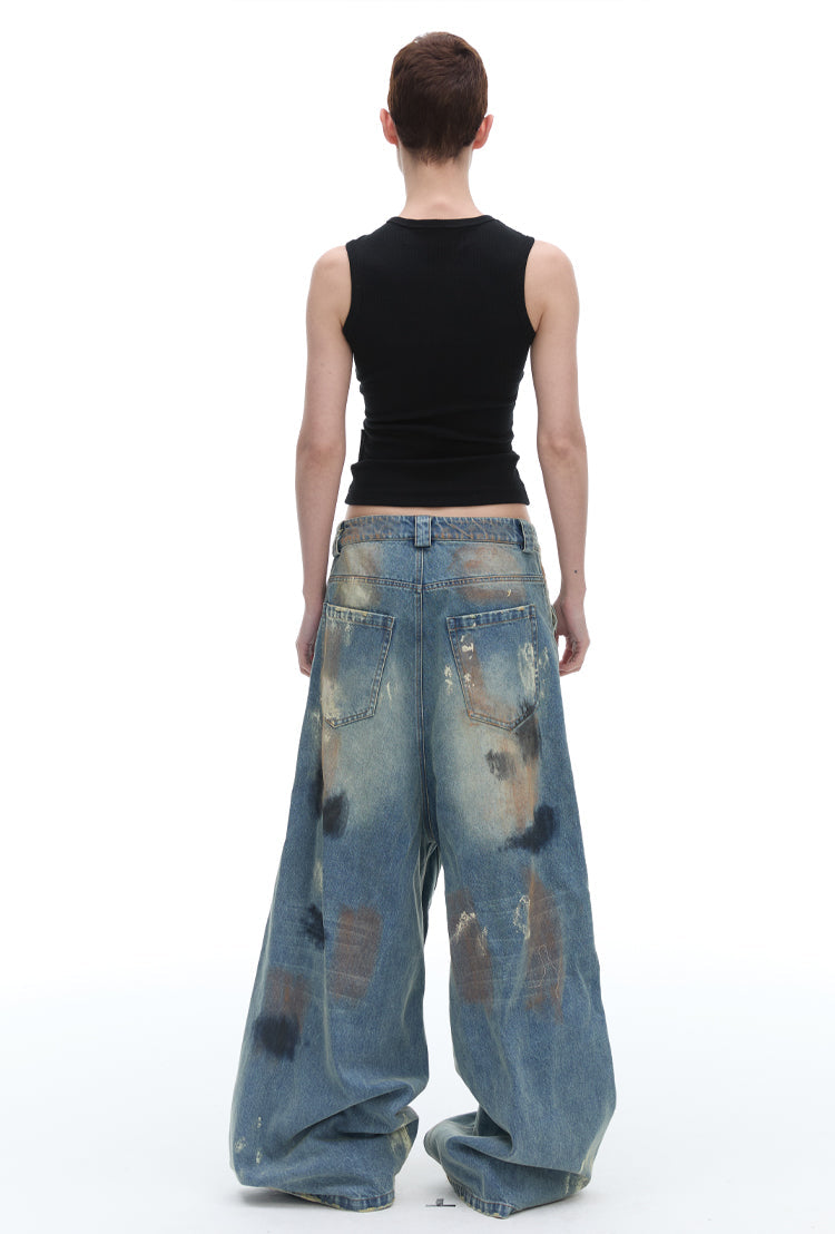 Dirty Loose Jeans, Straight Leg Narrow American Retro Washed Distressed [ID:0120PA]