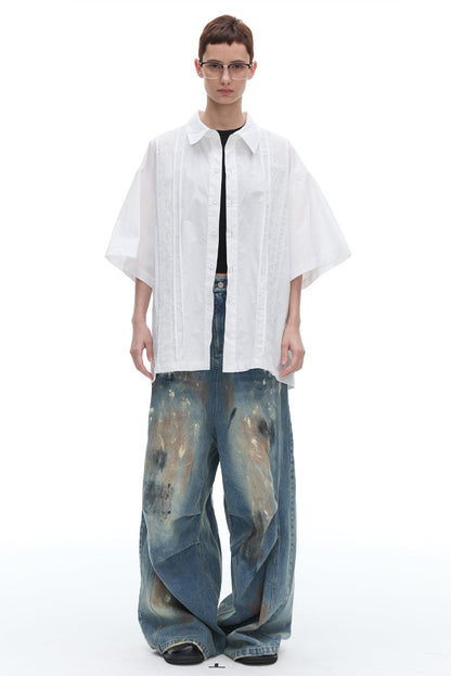 Dirty Loose Jeans, Straight Leg Narrow American Retro Washed Distressed [ID:0120PA]