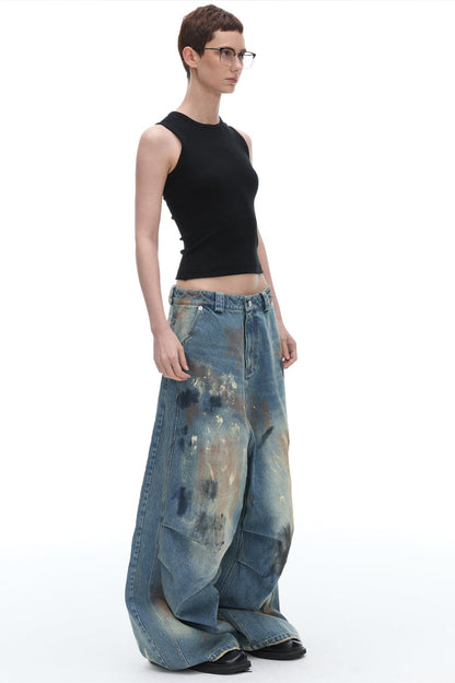 Dirty Loose Jeans, Straight Leg Narrow American Retro Washed Distressed [ID:0120PA]