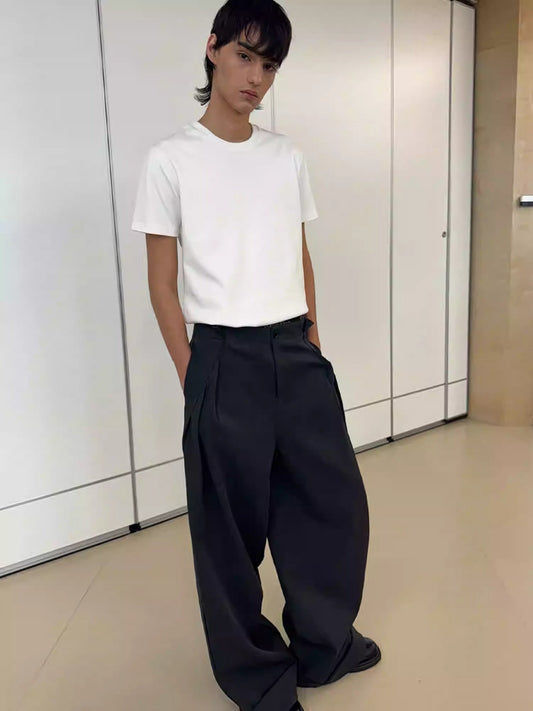 Loose Mode Dark Gray Simple Minimal Pleated Pants [ID:0122PA]