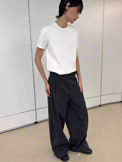 Loose Mode Dark Gray Simple Minimal Pleated Pants [ID:0122PA]